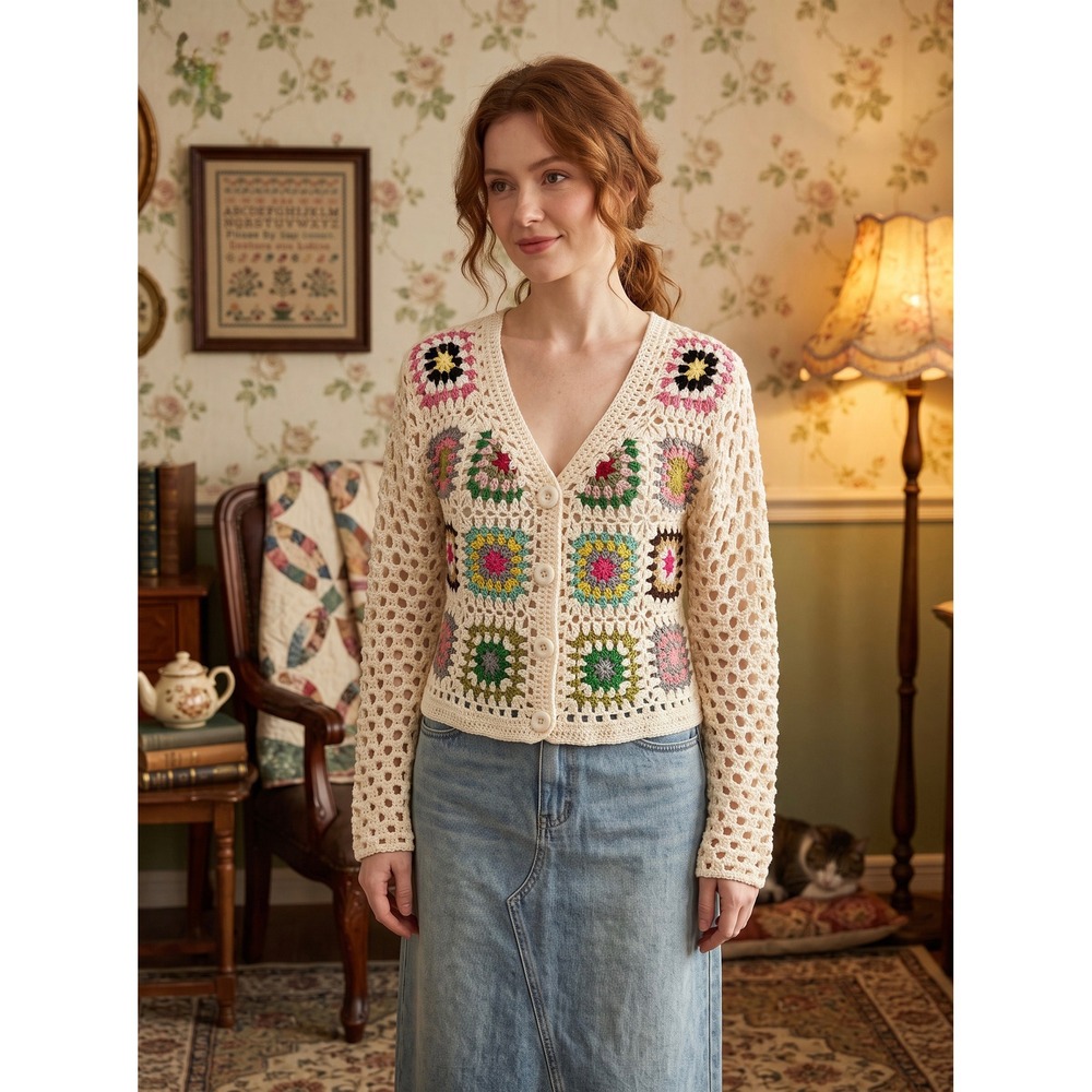 Cream Crochet Granny Core Square Cardigan V-Neck Open Knit Boho Sweater Size M